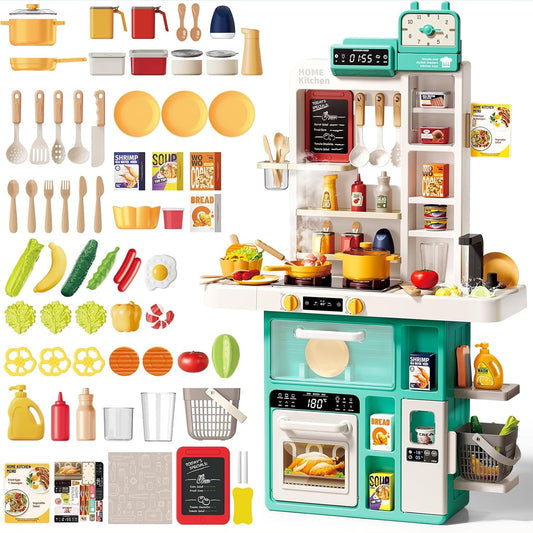 JoyStone Wooden Play Kitchen, Toy Kitchen Set with Food and Cookware Accessories, Pretend Kitchen Playset Gift for Kids and Toddlers Age 3+, Pink