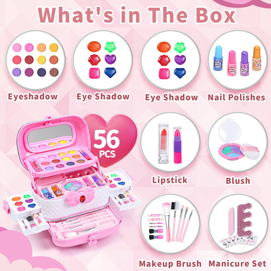 JoyStone Kids Makeup Kit Toys for Girls, 56PCS Washable Little Girls Princess Make Up Toys for 4-9 Year Old Girl Birthday Gift, Pink