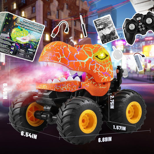 JoyStone Dinosaur RC Car for Kids, Remote Control Monster Truck with Mist Spray, Lights, Music, 2.4GHz All-Terrain RC Truck Toys for Boys and Girls 4-7, Orange