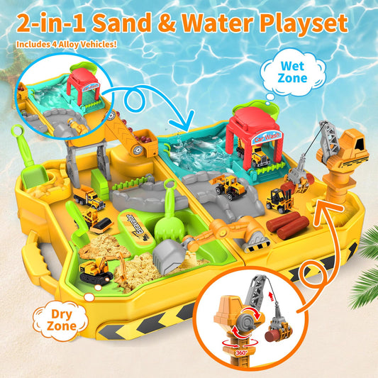 JoyStone Construction Sand Kit for Kids, Sand and Water Table with 4 Alloy Construction Trucks and Molds, Foldable Sandbox Sensory Toy with Dry-Wet Separation, Beach Toys for Boys Girls