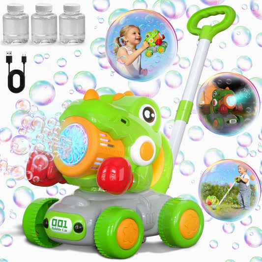 JoyStone Automatic Bubble Machine Toys for Toddlers, Push & Handheld Bubble Lawn Mower with Lights, Rechargeable Bubble Blower Toy for Kids Ages 3–6, Green