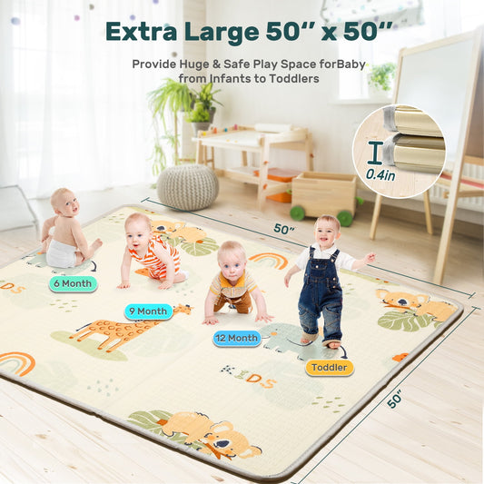 JoyStone Baby Play Mat, 50" X 50" Extra Large Reversible Foam Play Mat, Non-Toxic Foldable Animal Print Waterproof Crawl Mat for Toddlers and Babies
