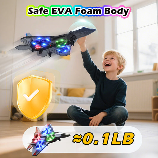 JoyStone Foam Remote Control Airplane, Jet Fighter RC Plane Stunt Drone Toy with LED Lights & 360° Spin, Easy to Fly RC Glider for Kids Adults, Blue