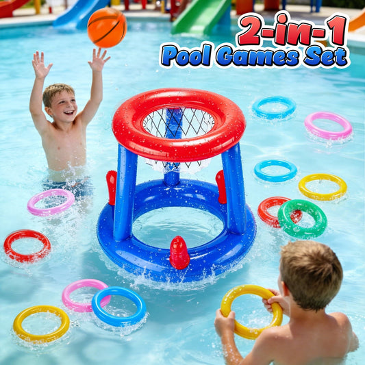JoyStone Pool Toys Games Set, Floating Basketball Hoop Inflatable Cross Ring Toss Game Toys for Kids Adults, Summer Party Swimming Pool Water Games