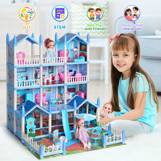 JoyStone Doll House for Girls, 4-Story 13 Rooms Huge Dollhouse Playset with LeD Lights, Dolls, Furnitures, Accessories, DIY Pretend Play Toys Gifts for Kids, Blue