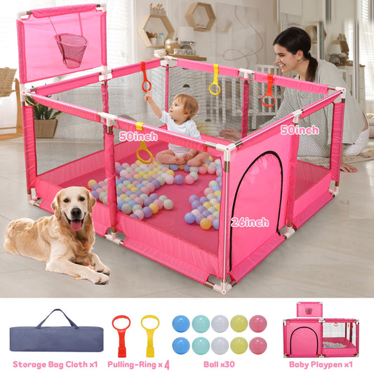 JoyStone Baby Playpen for Toddler, Large Baby Playard with Basketball Hoop, Indoor & Outdoor Baby Fence with Ocean Ball, Playpen for Babies (Pink, 50?¡À?¨¢50?¡À)