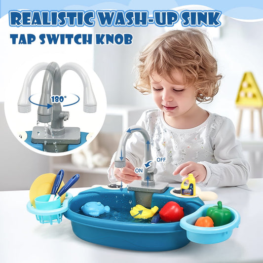 JoyStone Kitchen Sink Toy, Water Toys for Kids with Electronic Dishwasher, Pretend Play Kitchen Sink with Running Water, with Play Food and Other Accessories, Birthday Gift for 3-7 Kids, Blue