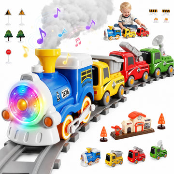 WonderStone Electric Train Set, Train Track Toys with Steam, Light-Up and Sound Effects, Magnetic Car Toys with 10 PCS Signposts, Christmas Birthday Gifts for Toddlers, Blue