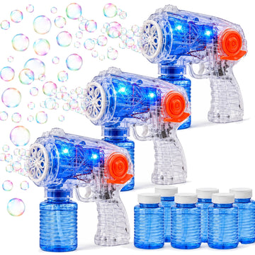 JoyStone 3 Pack Bubble Machines for Kids with 6 Bubble Solutions, Transparent Bubble Toy with Lights, Outdoor Bubble Maker for Birthday Party, Wedding, Bubble Toys for Boys & Girls