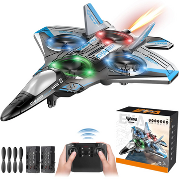 JoyStone Foam Remote Control Airplane, Jet Fighter RC Plane Stunt Drone Toy with LED Lights & 360° Spin, Easy to Fly RC Glider for Kids Adults, Blue