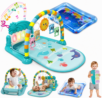 WonderStone Baby Gym Playmat for Infant,Tummy Time Water Mat with 4Infant Sensory Baby Toys for 0-36 Months Boys Girls，Cyan