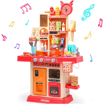 JoyStone 33PCS Kids Kitchen Playset,Play Kitchen Toy with Realistic Lights & Sounds,Pretend Steam,Play Sink & Oven and Other Kitchen Accessories Set for Toddlers,Red