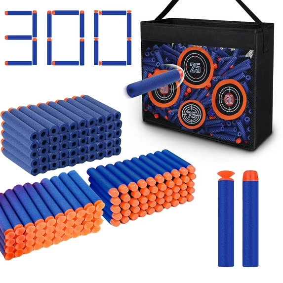 JoyStone 300PCS Refill Darts Bullets with Target Storage Bag, Compatible with Nerf Guns N-Strike Series, Indoor/Outdoor Use