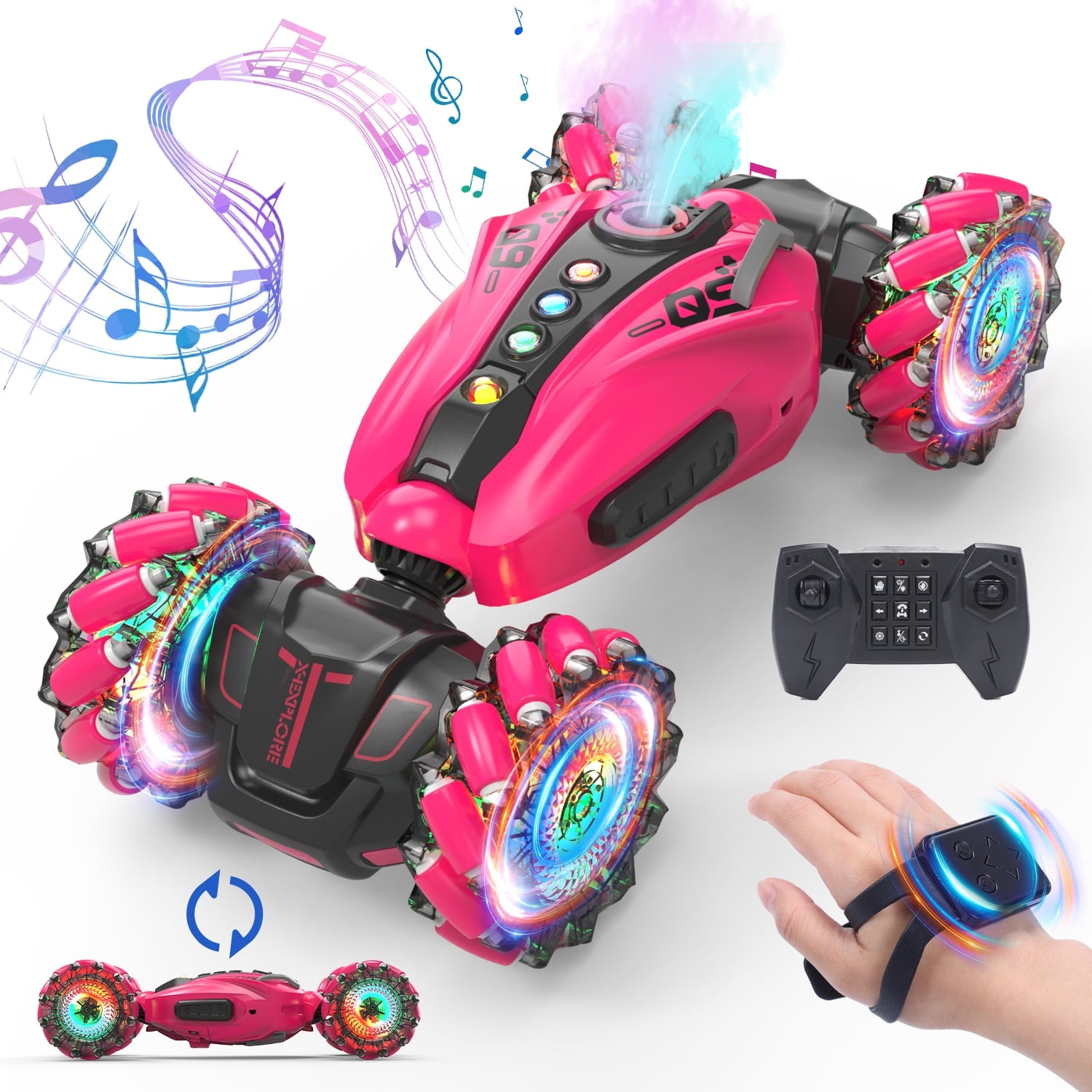 JoyStone 1:12 RC Cars Gesture Sensing Stunt Car, 2.4GHz 4WD Hand Controlled RC Car with 360?? Rotating, Spray, Lights&Music, Birthday Gifts for Boys&Girls(Pink)