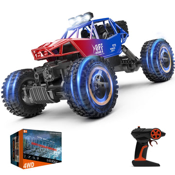 JoyStone 4WD RC Cars, 1:16 Off Road Monster Truck with LED Headlight Rock Crawler, 2 Batteries for 70+ Min Play, Gift Toys for Girls Kids Boys (Red & Blue)
