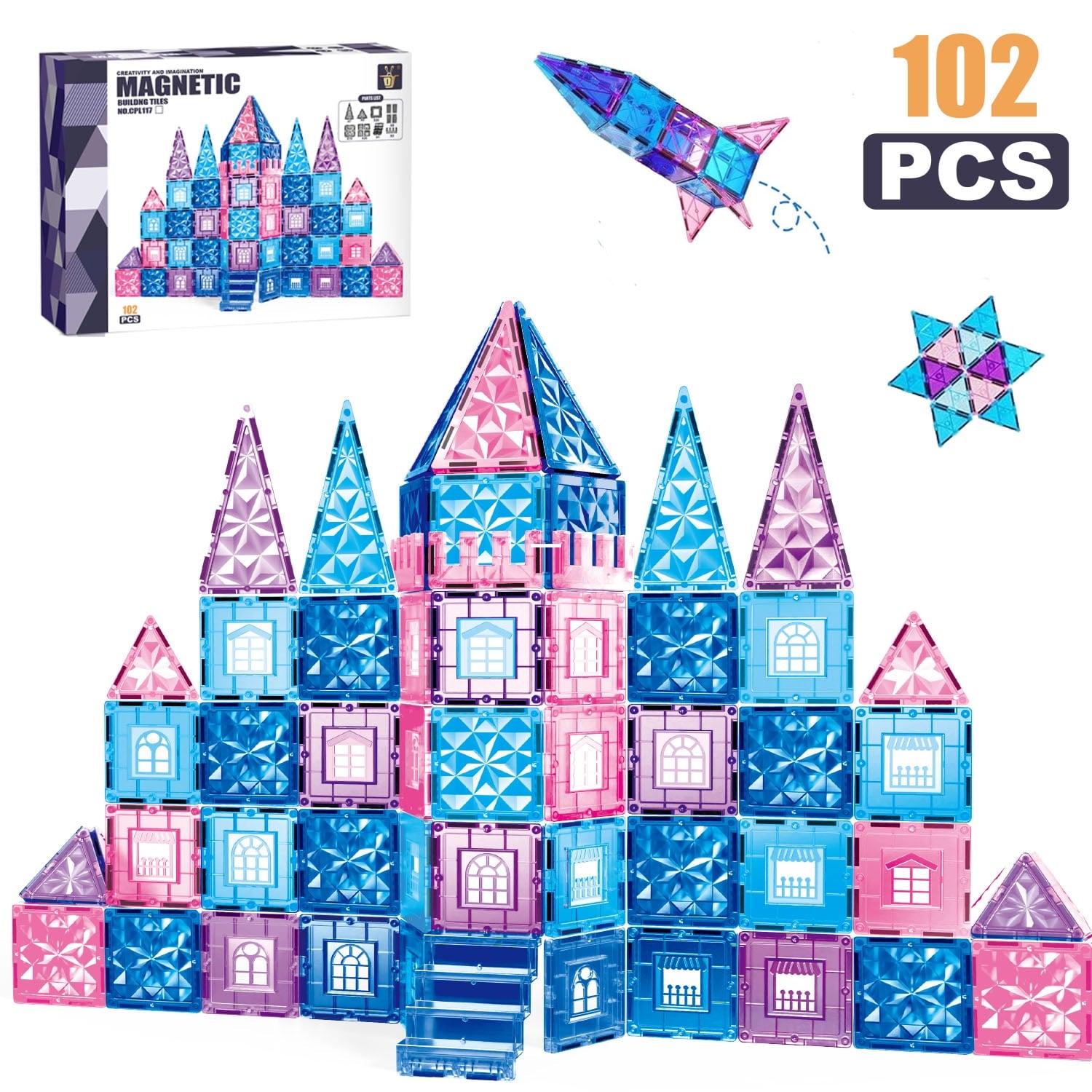 JoyStone 102PCS Magnetic Tiles Castle Set for Kids, STEM Magnet Building Blocks Toy with Windows, Doors & Stairs, Educational Gift for Girls & Boys Age 3+