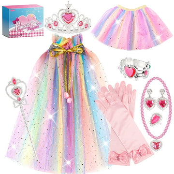 JoyStone Princess Cape Set 11 Pieces Dress Up Accessories Cloak with Tiara Crown Wand Gloves Presents Jewelry Toys for Toddler Girls 3-6 Years