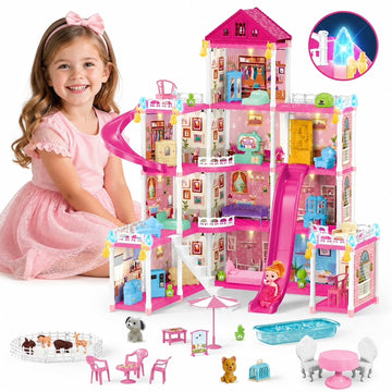 JoyStone 12 Rooms Light-Up Doll House for Girls, 31.1 in Large Dollhouse Playset with Warm LED Lights, 2 Dolls, Slide, Furniture Accessories, Pretend Play Toy Gift for Kids Ages 3+