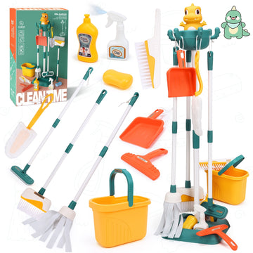 JoyStone 12 Pcs Dinosaur Kids Cleaning Set, Pretend Play Kit Toddler Role Play Toys Kids Broom and Mop Set for Girls Boys Age 3+, Christmas Birthday Gift for Girls Boys, Green