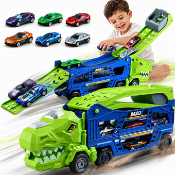 JoyStone Dinosaur Carrier Truck Toy with 6 Alloy Cars, 2-in-1 Transforming Dual Race Track, Push Along Transport Truck, Racing Toy Gift for Kids Ages 3+