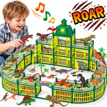 JoyStone 400PCS Dinosaur Figures Playset with Lights & Music, Dinosaur Park Toy Set with Arena, Dinosaurs & Trees, Green