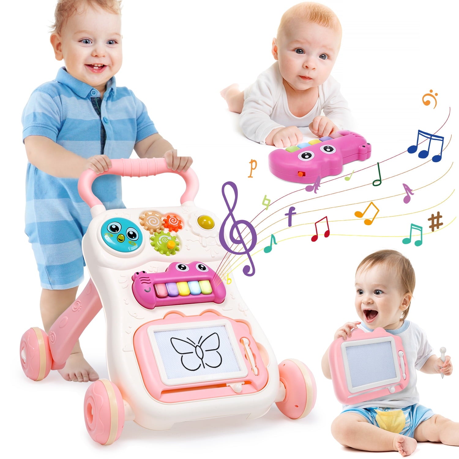 JoyStone 2 in 1 Baby Walker with Drawing Board, Kids Multiple Activity Center, Lights, Music, Early Learning Push Toys, Multifunctional Removable Play Panel, Toy Gift for Infant Boys Girls, Pink