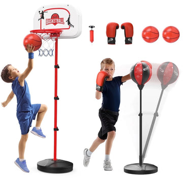 JoyStone 2 in 1 Kids Basketball Hoop and Punching Bag, Adjustable Stand with Boxing Gloves & 2 Balls, Toddler Basketball Hoop and Boxing Bag Set Toy for Outdoor Indoor Sports Games