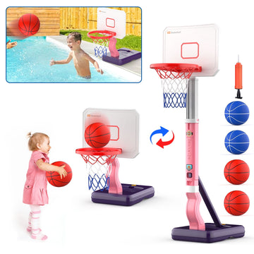 JoyStone 2 in 1 Kids Basketball Hoop, Toddler Basketball Hoop Indoor Mini Adjustable Poolside Basketball Goals with Ball Pump for Boys Girls Outdoor Toys, Pink & Purple