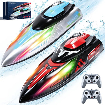 JoyStone 2-Pack RC Boat for Kids, 13 Inch Remote Control Boats with LED Lights, 2.4GHz Racing Boats with 40 Minutes Playtime, Pool and Lake Water Toys for Boys Girls