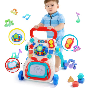 JoyStone 2 in 1 Baby Walker with Drawing Board, Kids Multiple Activity Center, Lights, Music, Early Learning Push Toys, Multifunctional Removable Play Panel, Toy Gift for Infant Boys Girls