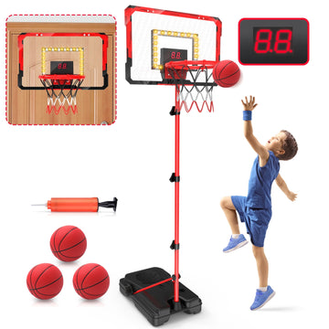 JoyStone 2-in-1 Kid Basketball Hoop with LED Lights & Scoreboard & 3 Balls, Toddler Basketball Hoop Adjustable Height 5.1ft-6.2ft, Basketball Toy Gifts for Boys & Girls