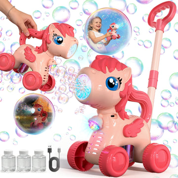 JoyStone Automatic Bubble Machine Toys for Toddlers, Push & Handheld Bubble Lawn Mower with Lights, Rechargeable Bubble Blower Toy for Kids Ages 3–6, Pink