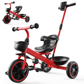 JoyStone 2-in-1 Toddler Tricycle for Ages 1-4 Years, Kids Trike Toddler Bike with Removable Push Handle, Adjustable Seat & Basket, Red