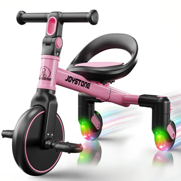 ‌JoyStone 3-in-1 Toddler Drifting Tricycle for Ages 1-5 Years, Kids Trike with Adjustable Handlebar & Colorful Lighting, Baby Balance Bike Ride-on Toys Gift for Boys Girls, Pink