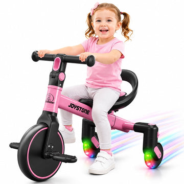 ‌JoyStone 3-in-1 Toddler Drifting Tricycle for Ages 1-5 Years, Kids Trike with Adjustable Handlebar & Colorful Lighting, Baby Balance Bike Ride-on Toys Gift for Boys Girls, Pink