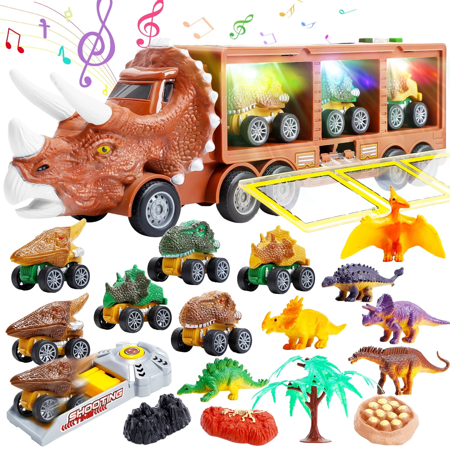 JoyStone Dinosaur Toys with Light, Music & Roar Sound, Dino Toddler Toys Including Toy Truck, Pull Back Dinosaur Cars, Mini Dinosaur Figures & Slide, Christmas Gift, Brown