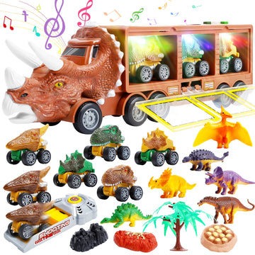 JoyStone Dinosaur Toys with Light, Music & Roar Sound, Dino Toddler Toys Including Toy Truck, Pull Back Dinosaur Cars, Mini Dinosaur Figures & Slide, Christmas Gift, Brown