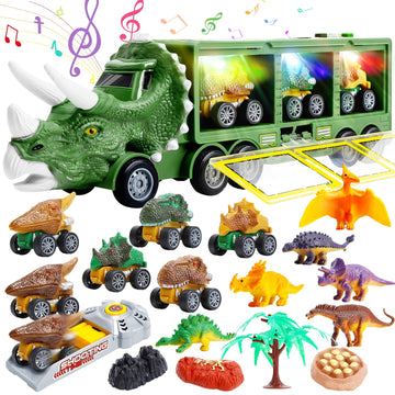 JoyStone Dinosaur Toys with Light, Music & Roar Sound, Dino Toddler Toys Including Toy Truck, Pull Back Dinosaur Cars, Mini Dinosaur Figures & Slide, Christmas Gift, Green