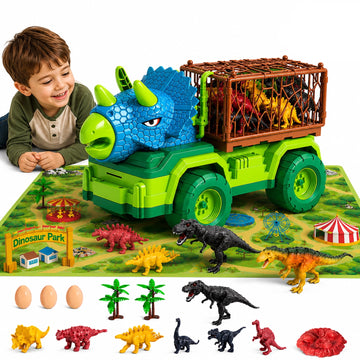 JoyStone Dinosaur Transport Truck Toy Play Set with Play Mat, 15PCS Triceratops Carrier Truck with Dinosaur Figures, Eggs & Trees for Kids Boys Girls 3-5
