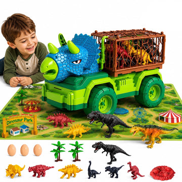 JoyStone Dinosaur Transport Truck Toy Play Set with Play Mat, 15PCS Triceratops Carrier Truck with Dinosaur Figures, Eggs & Trees for Kids Boys Girls 3-5