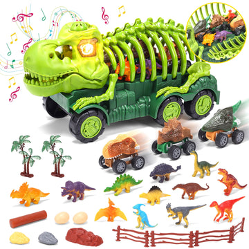 JoyStone 28 IN 1 Dinosaur Truck Toys for Kids, Playset with Dino Figures Pull Back Cars & Catapult Car Dinosaur Skeleton Transport Truck LED & Sound Dino Toys Gifts for Toddlers