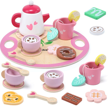 JoyStone Wooden Tea Party Set for Toddlers, Pretend Play Tea Set with Tray, Wooden Kitchen Toys Gift for Girls & Boys (18PCS)
