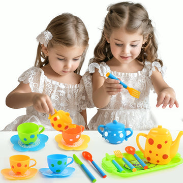 JoyStone Pretend Play Toy Tea Set for Little Girls, Kids Role Play Tea Toy Party Set, 28pc Plastic Afternoon Tea Time Playset with Teapot, Cup, Knife, Fork, Spoon, Saucer, Serve Tray