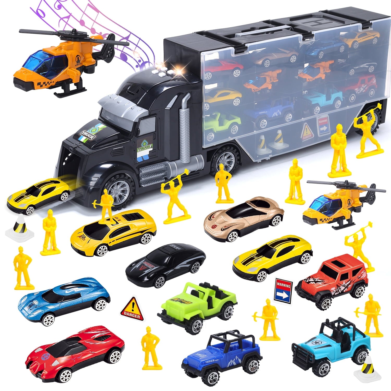 JoyStone 29 in 1 Toy Truck Transport Car Carrier, Kids Toys Truck Alloy Metal Car Toys Set with Cars, Soldiers, Road Signs, with Lights and Sounds, Toddler Toys Gift for Boys & Girls for Age 3-9