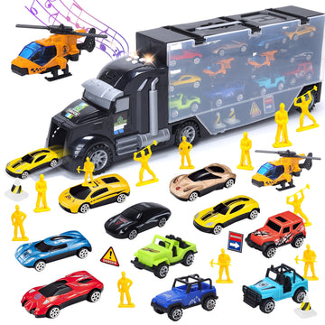 JoyStone 29 in 1 Toy Truck Transport Car Carrier, Kids Toys Truck Alloy Metal Car Toys Set with Cars, Soldiers, Road Signs, with Lights and Sounds, Toddler Toys Gift for Boys & Girls for Age 3-9