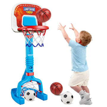 JoyStone 3 in 1 Basketball Hoop & Soccer Goal Set, Toddler Basketball Hoop Indoor Mini Adjustable Poolside Basketball Goals with 2 Basketballs, 2 Soccer Balls for Boys Girls Outdoor Toys