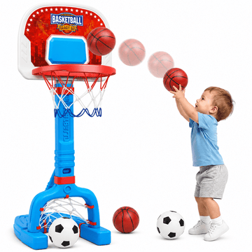 JoyStone 3 in 1 Basketball Hoop & Soccer Goal Set, Toddler Basketball Hoop Indoor Mini Adjustable Poolside Basketball Goals with 2 Basketballs, 2 Soccer Balls for Boys Girls Outdoor Toys