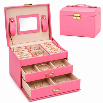 JoyStone 3 Layer Leather Jewelry Box Built-in Mirror, Portable Travel Jewelry Storage Case with Lock, Gift Jewelry Case for Women,Pink