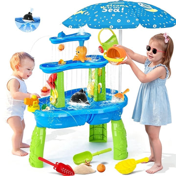 JoyStone 3-Tier Kids Sand Water Table with Umbrella & Water Pump, Outdoor Sensory Play Table Toy, 28.66" Tall, Summer Gift for Toddlers & Kids