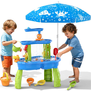 JoyStone 3-Tier Kids Sand Water Table with Umbrella & Water Pump, Outdoor Sensory Play Table Toy, 28.66" Tall, Summer Gift for Toddlers & Kids